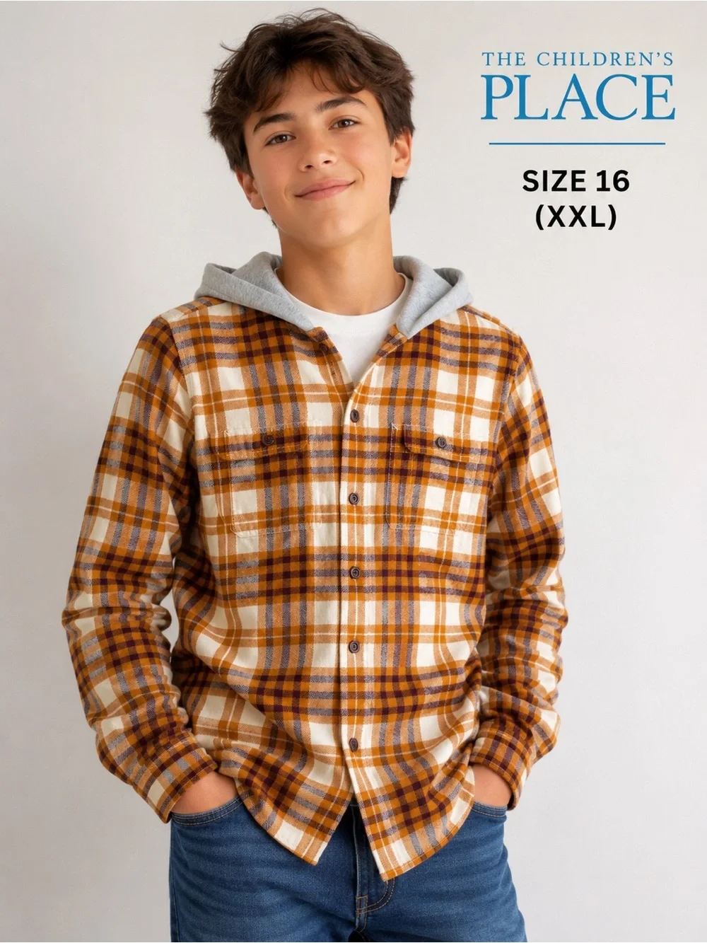 The Children’s Place Boys Hooded Plaid Flannel Shirt Size 16 (XXL)